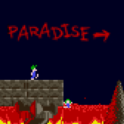 GIF of people walking in the direction of “paradise” but then walking off a cliff into lava