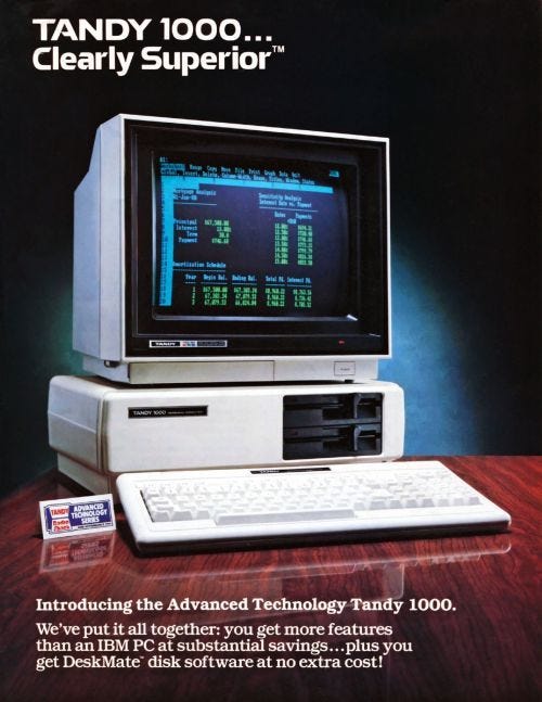 Tandy 1000 Clearly Superior advertisement, with the computer displayed on a table. Introducing the adv Technology Tandy 1000