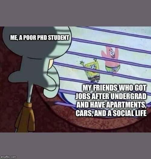 Looking outside, seeing two friends: “me, a poor phd student”. Friends celebrating outside: “My friends who got jobs after undergrad and have apartments, cars, and a social life.”