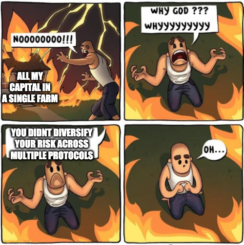 Comic meme: All my capital in a single farm is on fire because of a hack. “WHY GOD WHY” God responds, “You didn’t diversify your risk across multiple protocols”