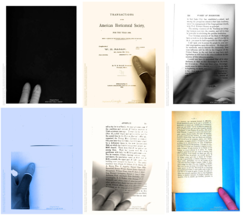 Collage of scanned book pages with fingers visible on the page