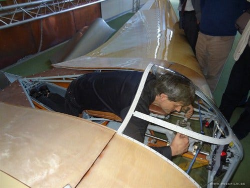 Demonstration of the semi-prone position in a Horten Ho IV prototype, where the upper body of the pilot is at 30° from the horizontal.