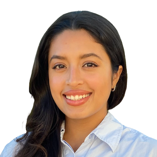 Photo of Destinee, a Chicana woman, from shoulders up. She is smiling at the camera. She is wearing a light blue collared blouse and small diamond hoops. Her long, dark brown hair is draped over one shoulder.