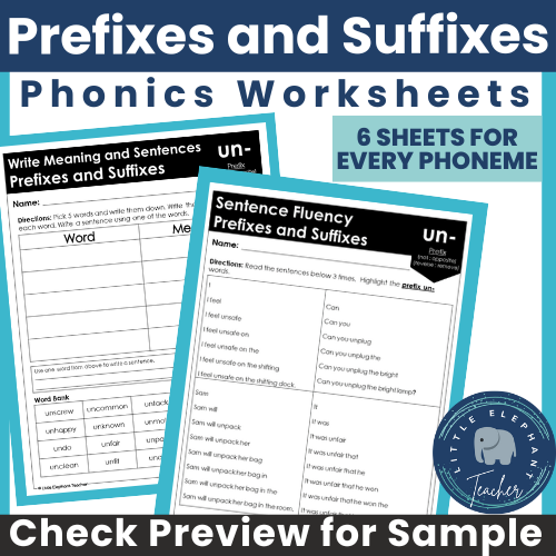 Make learning fun with these Multisyllabic Words Phonics Worksheets for Older Students with Prefixes and Suffixes! These no-prep worksheets for older students will challenge your readers and allow them to use Root Words, Prefixes, and Suffixes words to improve their ability to ‘attack’ unknown or unfamiliar words in the text. This resource has 6 worksheets for each Prefix and Suffix. Over 240 pages of ready-made Phonics Worksheets will help your struggling readers build word fluency.