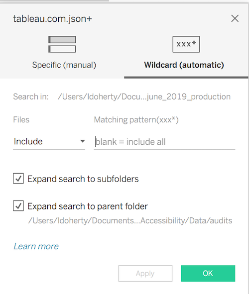 Tableau Join screen with options for automatically including files in the data. Both check marks are enabled to expand search