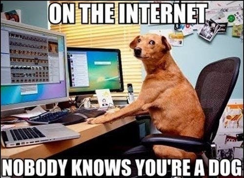“On the Internet, nobody knows you’re a dog” — Dog at computer.