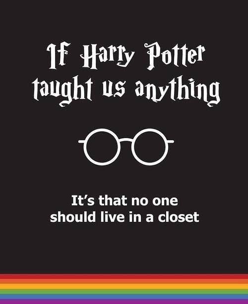 Image that says ‘If Harry Potter taught us anything, it’s that no one should live in a closet’. There is a Harry-Potter style glasses animation and a rainbow banner.