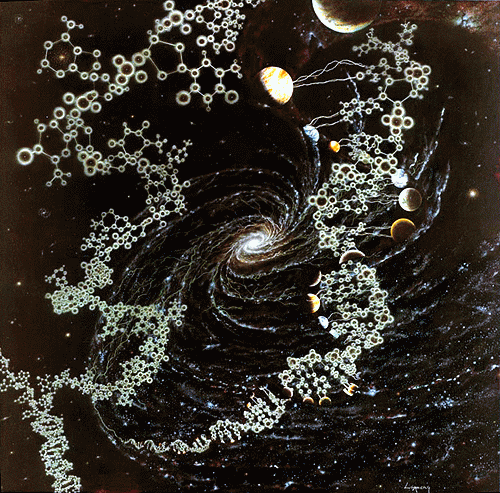 In the background is a wispy spiral galaxy, and in the foreground DNA strands and structures that resemble organic chemical compounds swirl around. Across the right side of the image, at the edges of the DNA strands are planets.