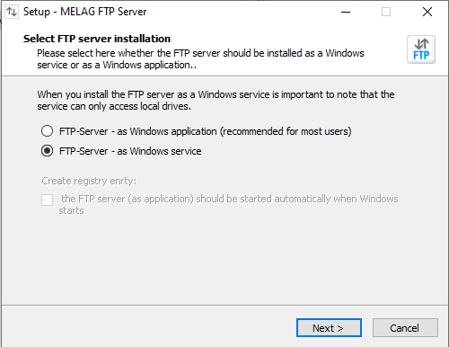Installation window when installing the MELAG FTP server as Windows service