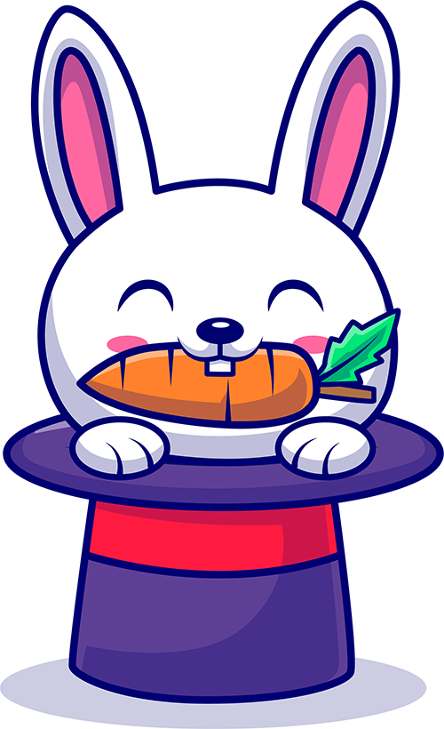 A cartoon illustration of a cute white bunny with pink ears and cheeks, happily holding a large orange carrot. The bunny is popping out of a purple magician’s hat with a red band around it.