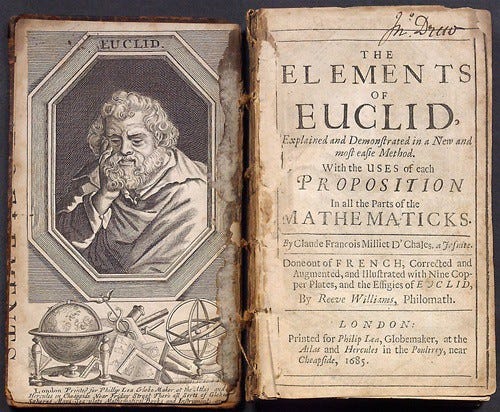 Open book with an engraving of Euclid on the flyleaf and a title page reading “The Elements of Euclid”