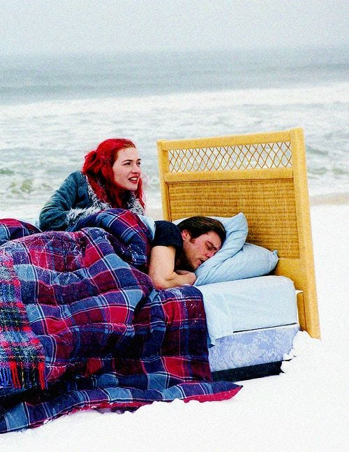 Joel and Clementine laying in a bed. The bed is outside, floating on a large bed of ice