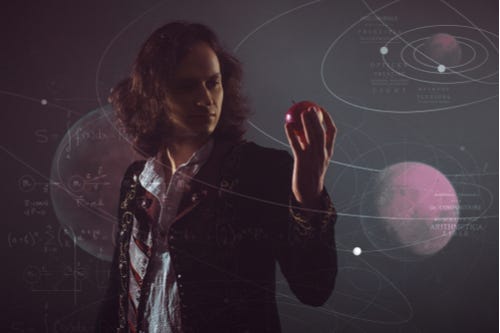 Newton viewing an apple with a backdrop of space, equations, and orbital graphs