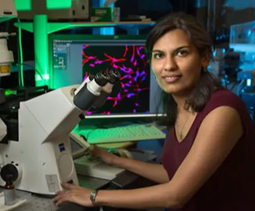 Photo of Swati Tyagi sitting in front of a microscope and computer monitor in a alb