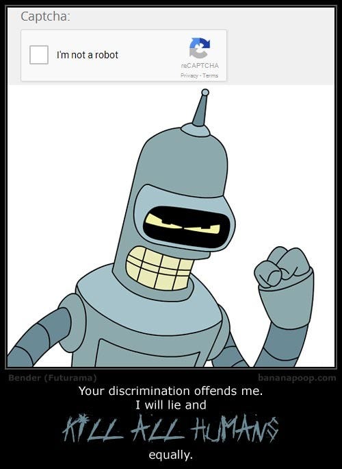 Personagem Bender (Futurama) em uma piada com o termo do reCaptcha do Google: “I’m not a robot”