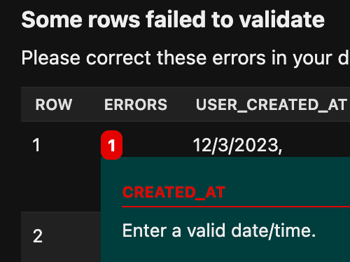 Some rows failed to validate Please correct these errors in your data where possible, then reupload it using the form above. CREATED_AT Enter a valid date/time.