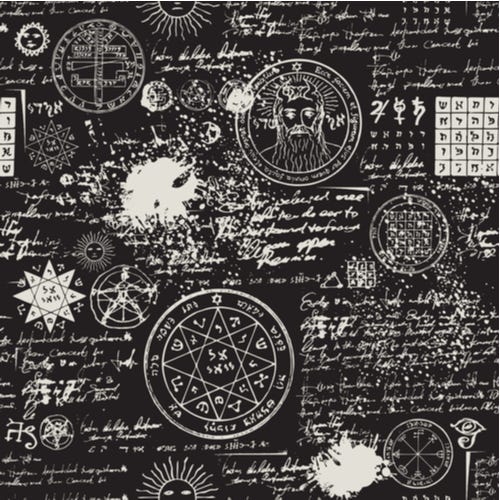 Alchemical symbols and sketches as though on old parchment