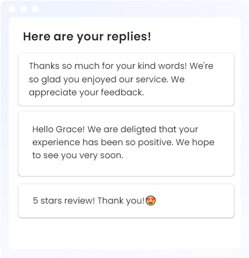 Replies being sent on a chat bot in text, with standard reply text saying 5 stars thank you