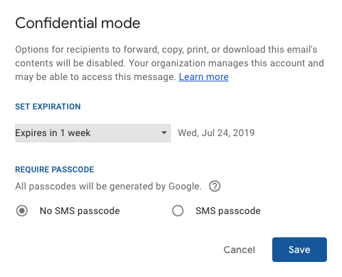 Confidential Mode Modal in Gmail that requests to user to set expiration date and pass code