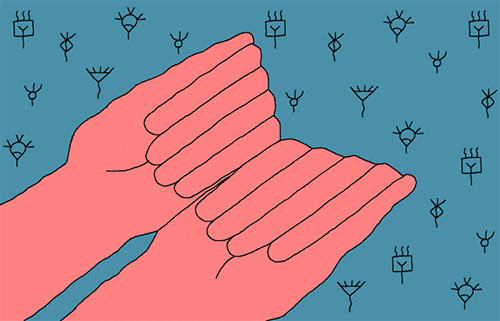 Gif de uma ilustração uma mão cor de rosa abrindo com vários insetos. Fonte: Giphy
