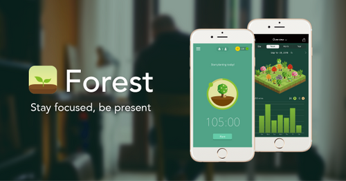 On the left, the logo and name of Forest, with the caption ‘Stay focused, be present’. On the right, two smartphones with their screens to the camera. One has a tree image in the centre and a timer recording 105 minutes. The other phone has a square of grass with many types of trees and a bar graph underneath. In the background is a very blurry image of a person walking towards a desk.