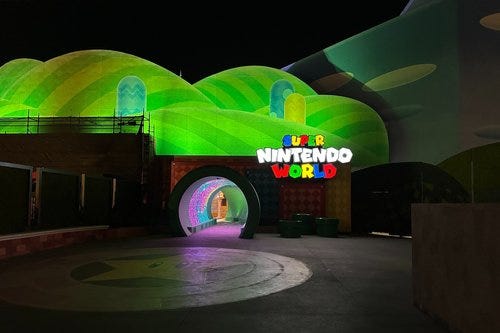 An empty Super Nintendo World at night following a busy day at Universal Studios in Hollywood, California.