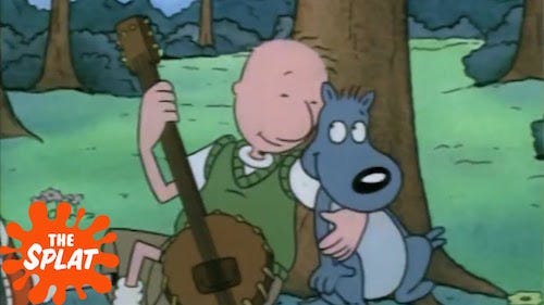 Doug Funnie, his banjo, and his dog leaning against a tree on an animated park/forest background