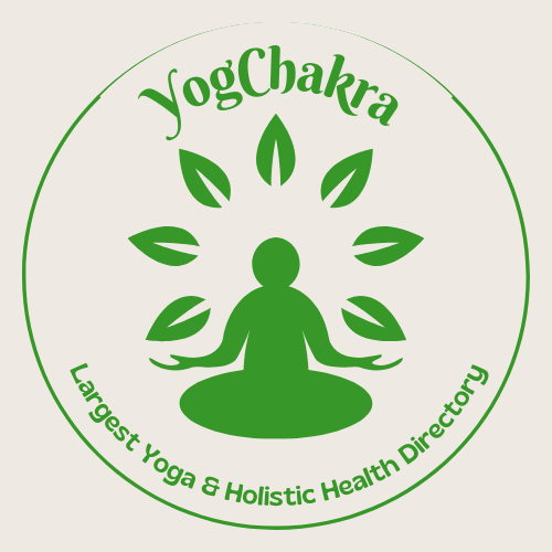 YogChakra’s logo, consisting of a green, faceless figure meditating and surrounded by lotus leaves, all encircled by the words ‘YogChakra … Largest Holistic & Health Directory’