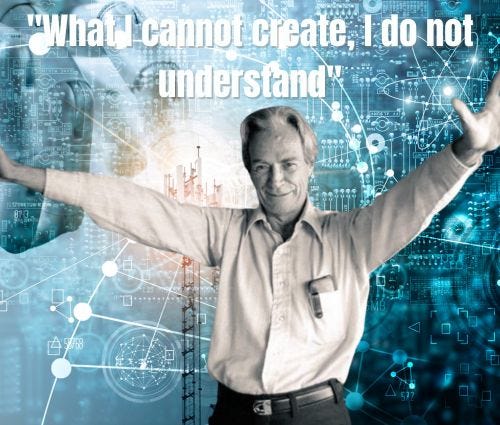 Richard Feynman in classic pose with ai background headed by his famous saying “What What I cannot create, I do not understand.”