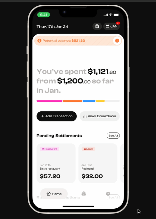 Screen recording of bill splitting flow: From home screen → upload group receipt → auto-split interface. Shows seamless group expense division.