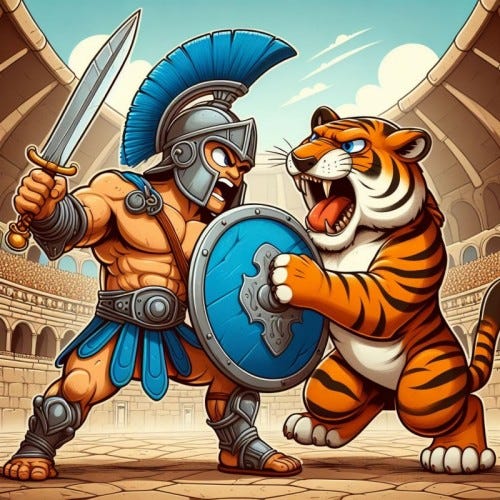 un gladiatore in un arena che lotta contro una tigre