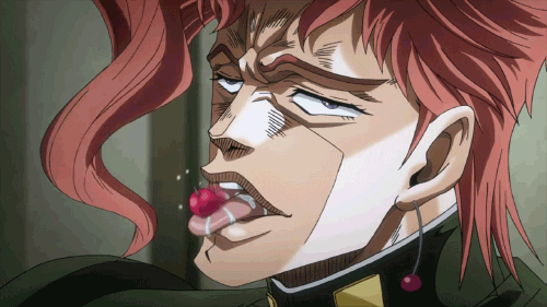 A GIF of a male anime character from JoJo’s Bizzare Adventure rapidly licking a cherry with his very wet tongue.