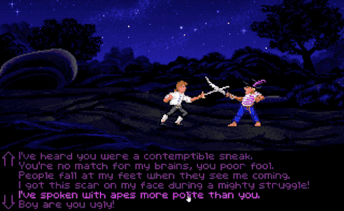A gif of the famous Insult Sword Fighting from the Secret of Monkey Island. Guybrush Threepwood is loosing, after the wrong choice of answer.