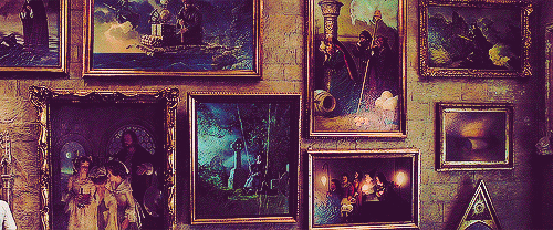 An animated scene of magical moving painted portraits from a Harry Potter movie.