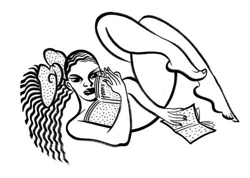 Highly stylised, black and white comic style line drawing of woman lying on her back reading and holding a second book. While the woman appears to be naked, the twisting of her body and the placement of the books cover any indiscretions.
