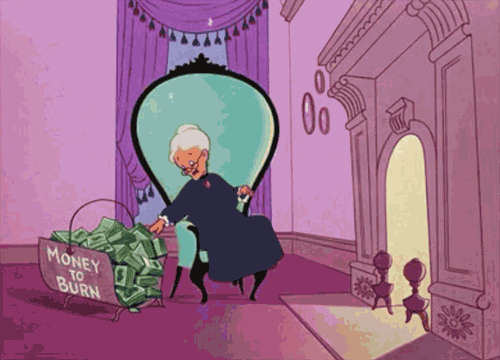 A granny throwing money into a fire, symbolising how attempts to flood the blockchain network are expensive