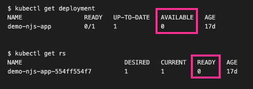 A screenshot of the terminal window with kubectl get deployments and kubectl get replicaset output both reporting that they aren’t ready.