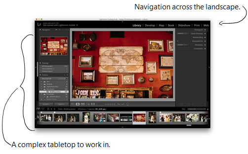 A screenshot of Adobe Lightroom, with arrows pointing to the navigation, which affords movement across the landscape, and the section of the app that’s a complex tabletop to work in.