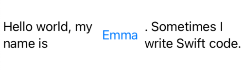 The text “Hello my name is Emma. Sometimes I write Swift code.” is strewn around the screen