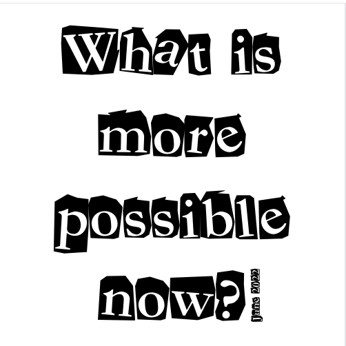 Black and white front cover of our What is more possible now? zine with the words What is more possible now? June 2022