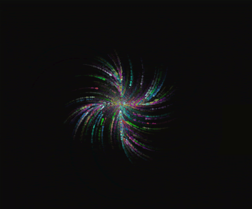 A set of multicolored dots appear onscreen as a growing orb that falls in on itself and repeats in an animated gif.