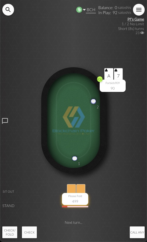 Screenshot of a Blockchain.poker poker table, two players are seated at low stakes, in a denomination called Satoshi, which are micro fragments of the cryptocurrency Bitcoin Cash.