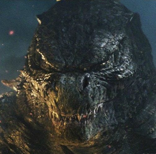 Closeup screenshot of Godzilla from the film Godzilla (2014)