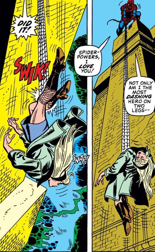 Imagem de um gibi do Homem-Aranha, ilustrando a morte de sua namorada, Gwen Stacy. Ele a impede de cair com uma teia, mas não percebe que o choque da teia quebrou o pescoço da personagem. Ele está celebrando que conseguiu a salvar, sem saber que ela já está morta.
