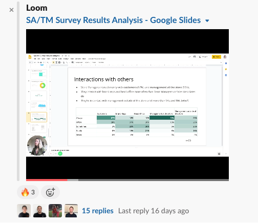 An example of a Loom video embedded into Slack with reactions from coworkers