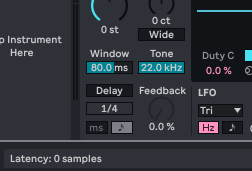 Ableton Live’s shifter device. The info view bar is visible and reads “Latency: 0 samples”