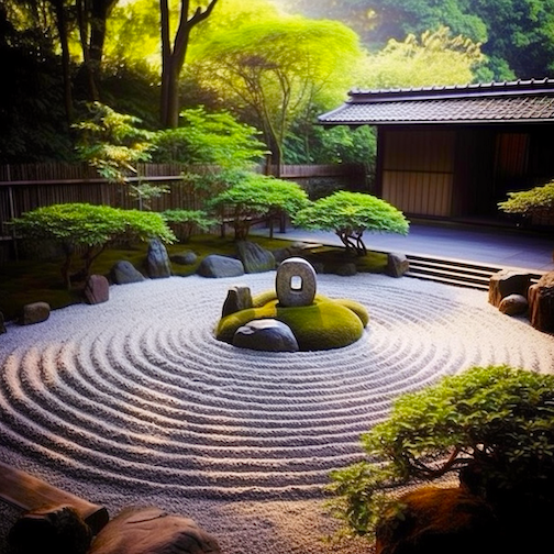 A photo of a peaceful zen garden with warm sun light coming through the trees.