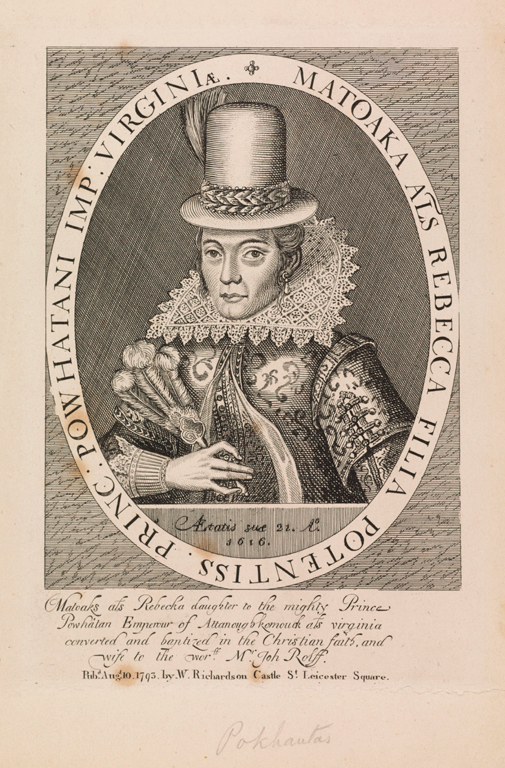 Printed sketch of Pocahontas dressed in early modern English clothing.