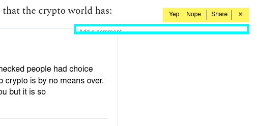 A screenshot of a web page with Reading’s overlay with “yep”, “nope”, and “share” buttons