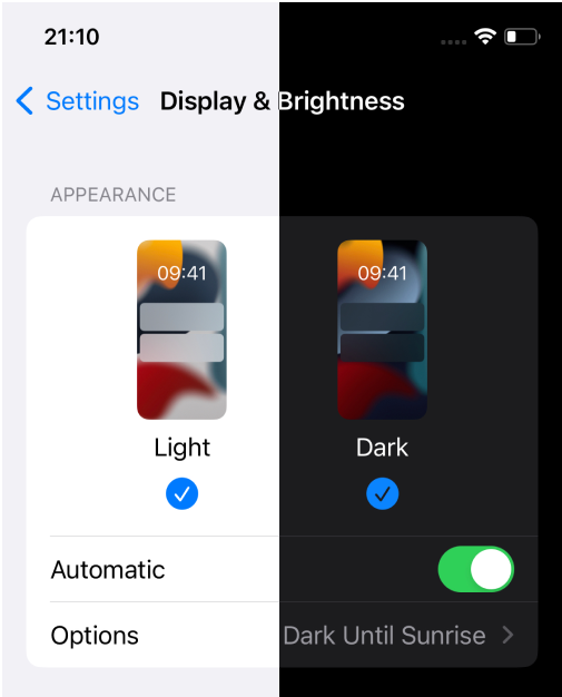 Screenshot of the Display & Brightness settings on iOS